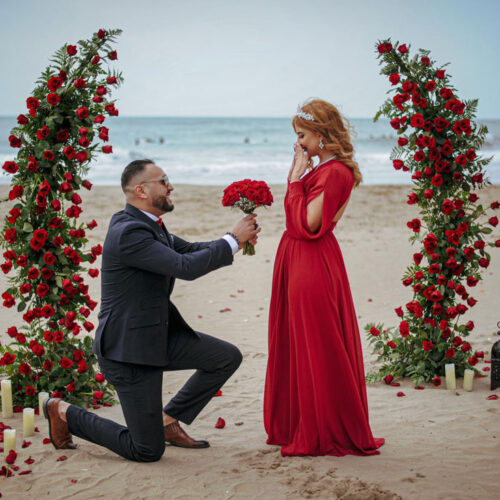 Pedida de mano. Novios en su Bride to be Playa con rosas.